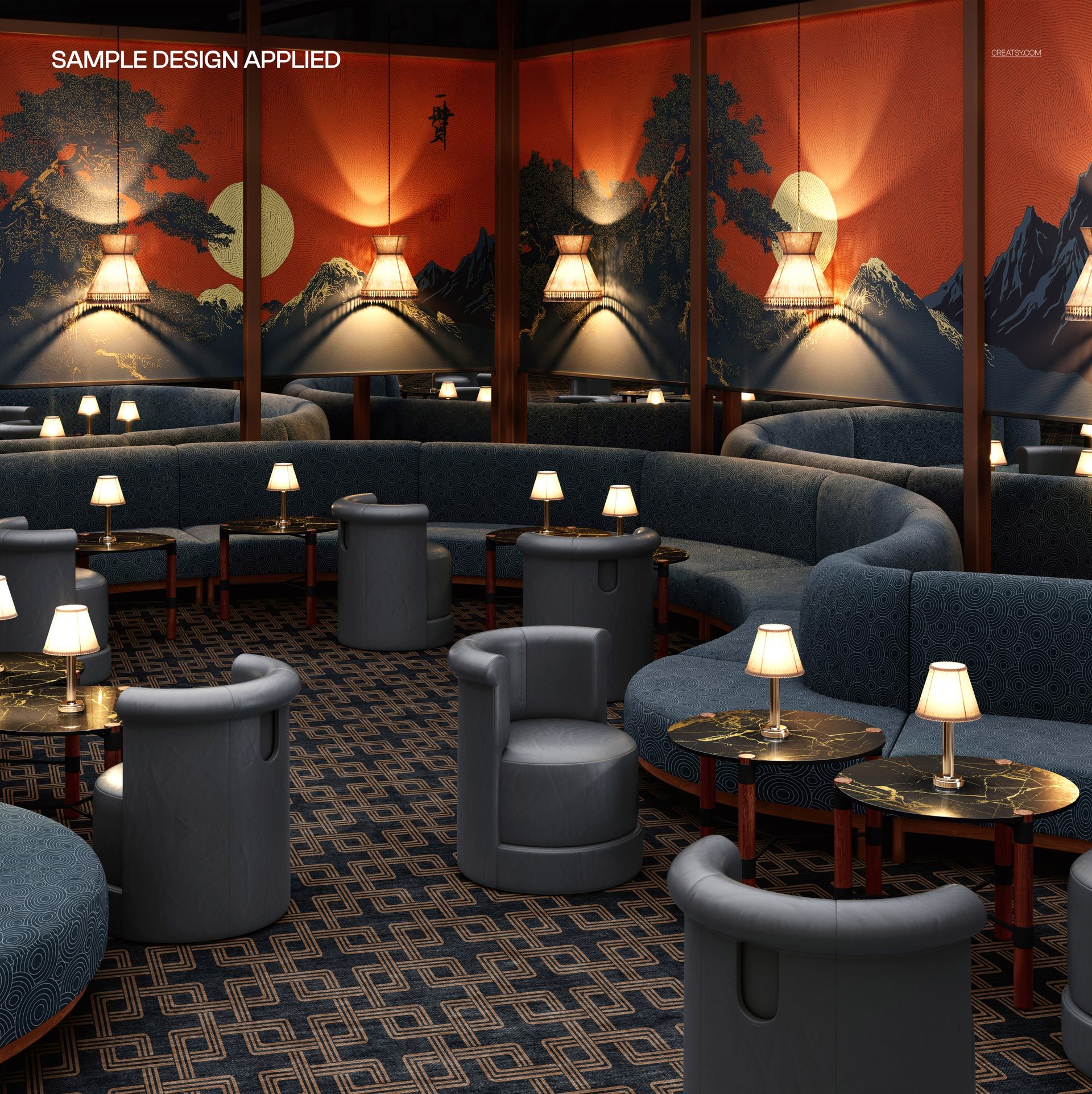 Front view of a club lounge interior mockup with curved blue sofas, round tables, and patterned carpet.