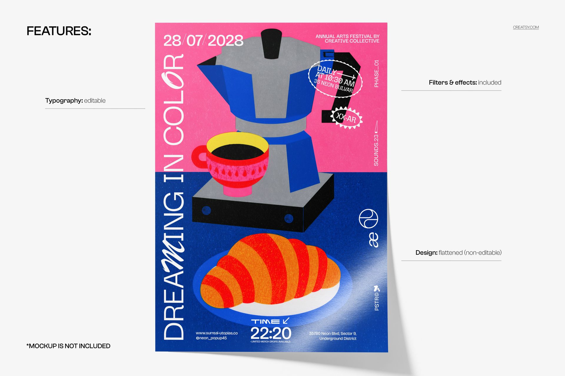 Colorful poster mockup with a moka pot, cup, and croissant in pop art design, shown from the front perspective.