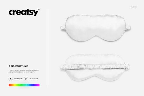 Eye mask mockup set featuring two white masks, one shown from the front and one from the back, on a plain background.
