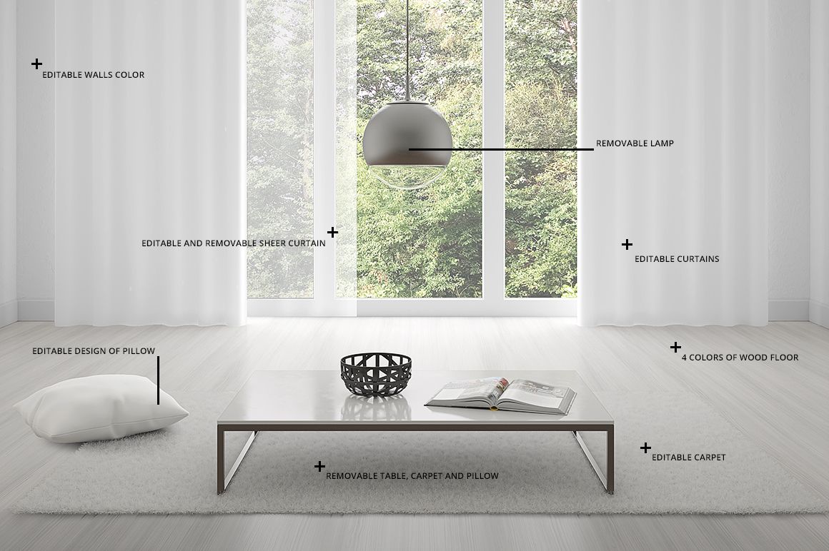 PSD mockup of a bright living space featuring editable curtains, sheer curtain, pillow, carpet, and minimalist table.