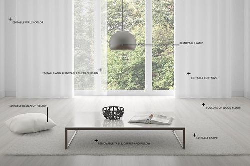 PSD mockup of a bright living space featuring editable curtains, sheer curtain, pillow, carpet, and minimalist table.