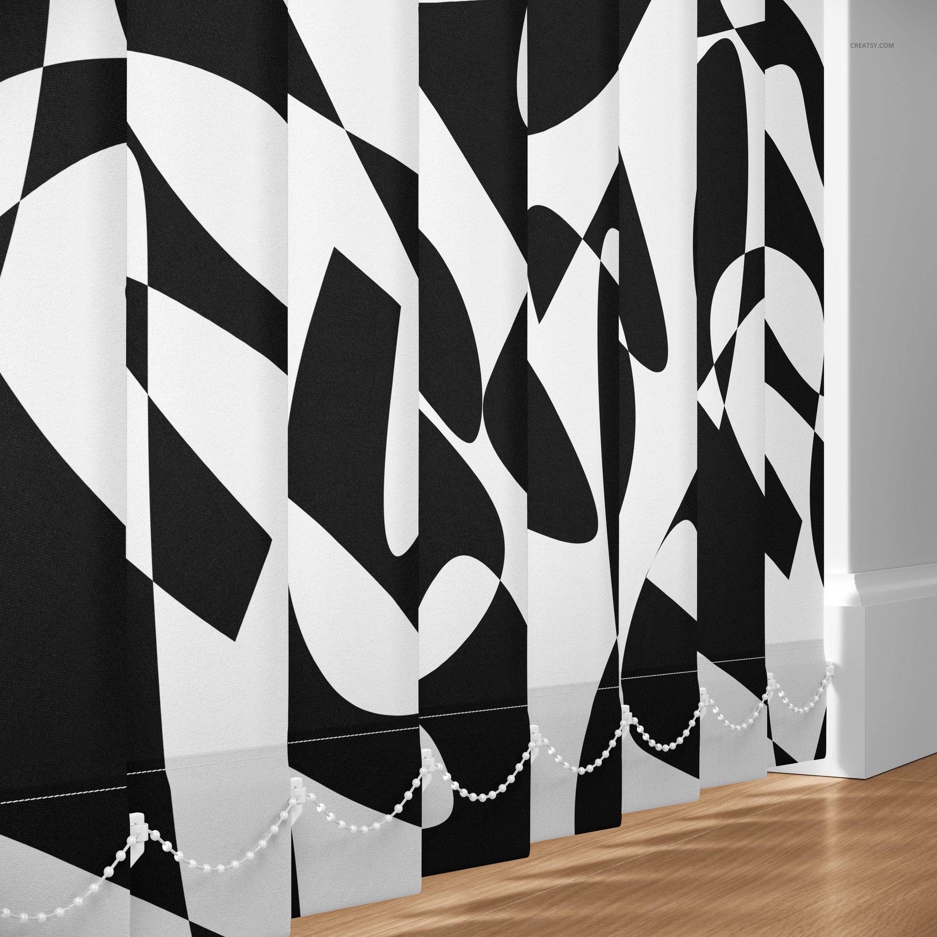 PSD mockup of vertical blinds with modern abstract pattern, sunlight highlighting texture and wood flooring.