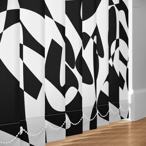 PSD mockup of vertical blinds with modern abstract pattern, sunlight highlighting texture and wood flooring.