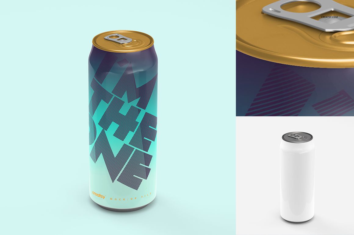 Tall can mockup set featuring a metallic drink can with bold geometric text design, shown from a front angle on a light background.