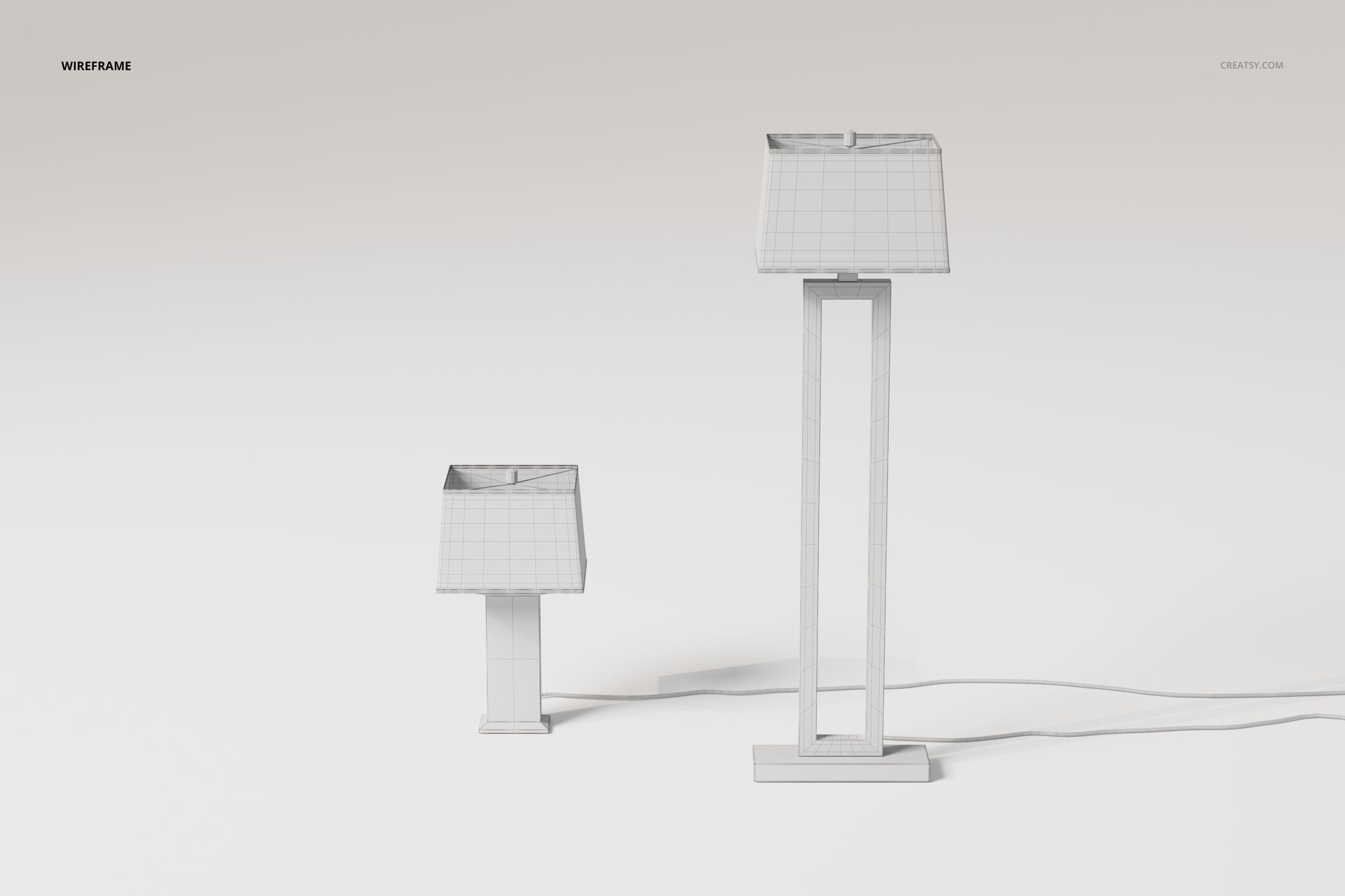 Front view of two Art Deco style lamps in wireframe, one short and one tall, on a plain light background.