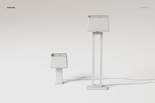 Front view of two Art Deco style lamps in wireframe, one short and one tall, on a plain light background.