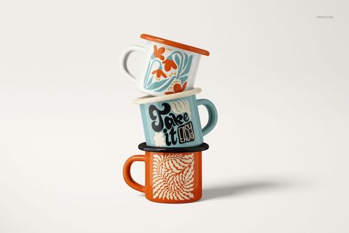 Stack of three 100ml enamel mugs with colorful designs, shown on a light background in a front view.