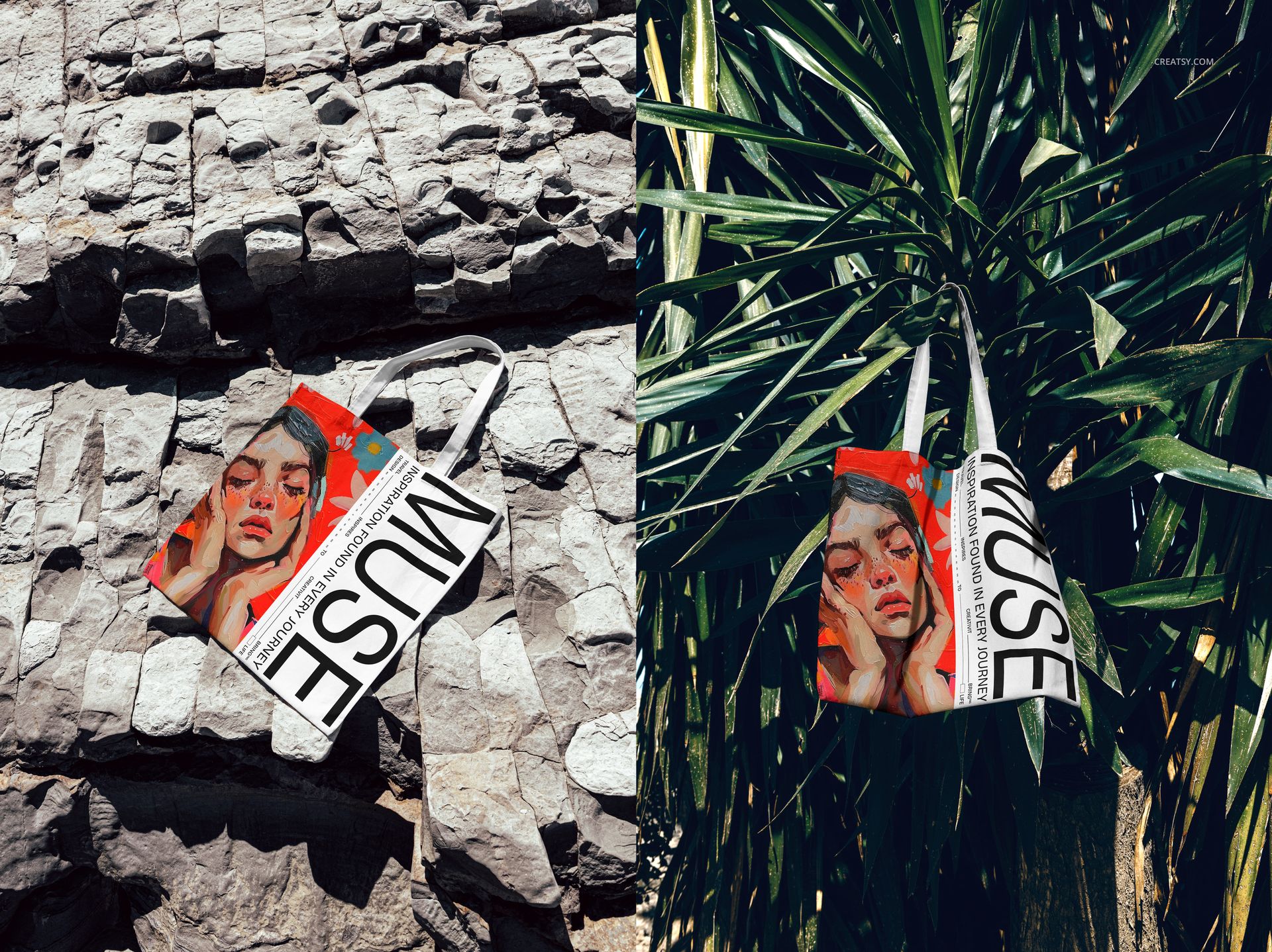 Outdoor PSD mockup featuring a tote bag with white handles, placed on textured rocks and hanging from a green palm tree.
