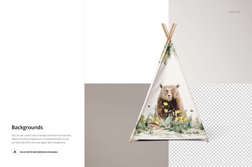 Front view of a teepee tent mockup with wooden poles, featuring a bear and floral illustration on a white background.