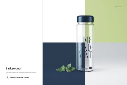Transparent water bottle mockup with navy cap, shown front view with mint leaves and geometric background blocks.