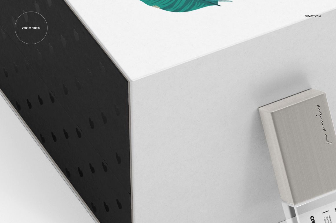 Acrylic USB drive mockup shown in a white rectangular slide box with a black patterned side and minimal artwork.