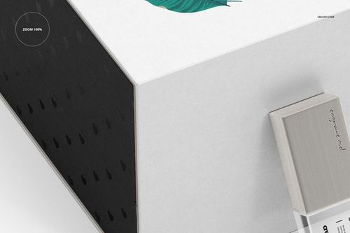 Acrylic USB drive mockup shown in a white rectangular slide box with a black patterned side and minimal artwork.