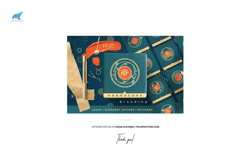 Top view of a jewelry box, paper bag, and wrapping tissue paper mockup with blue and orange zodiac designs.