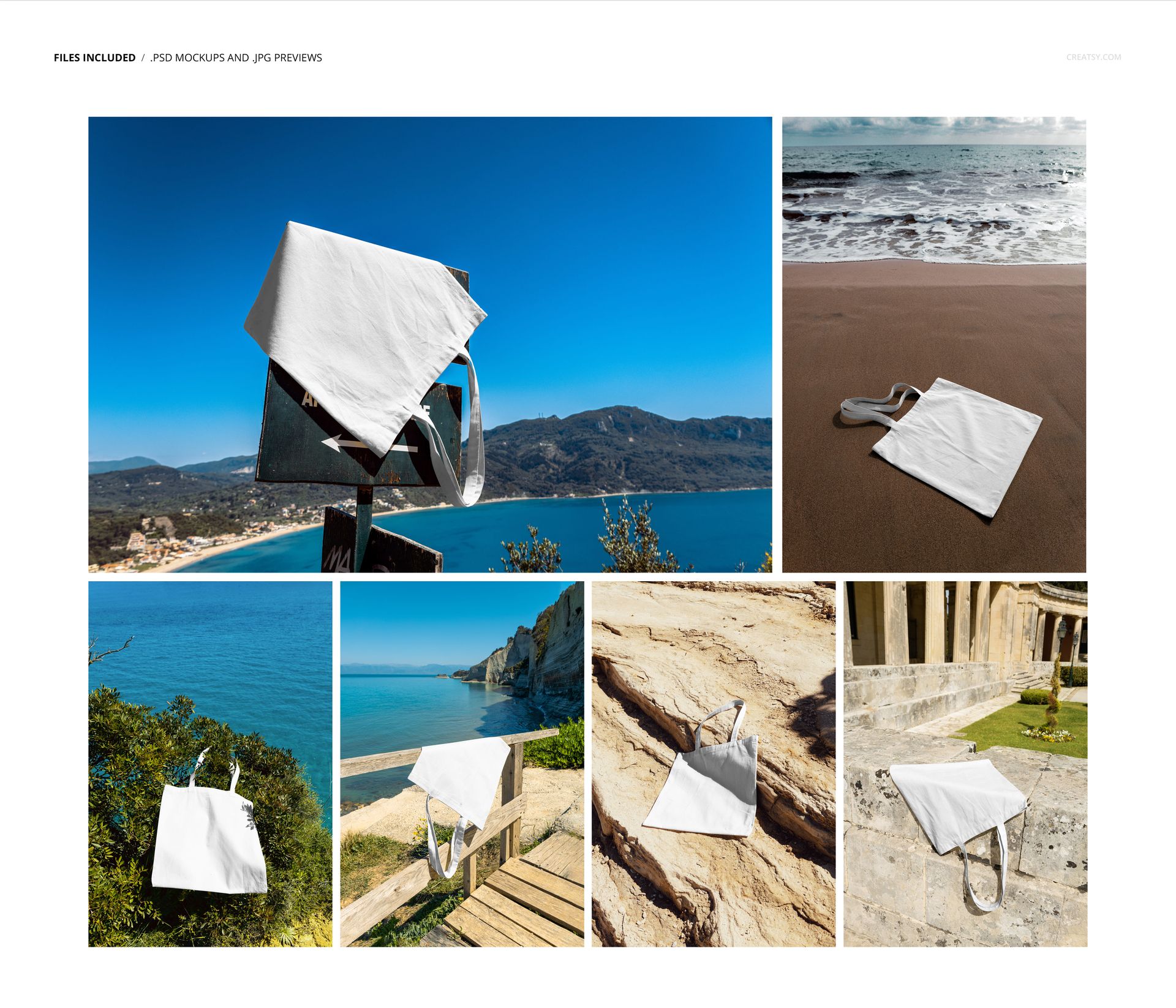 Tote bag PSD mockup set featuring plain white bags photographed on coastal cliffs, ruins, and natural outdoor backgrounds.