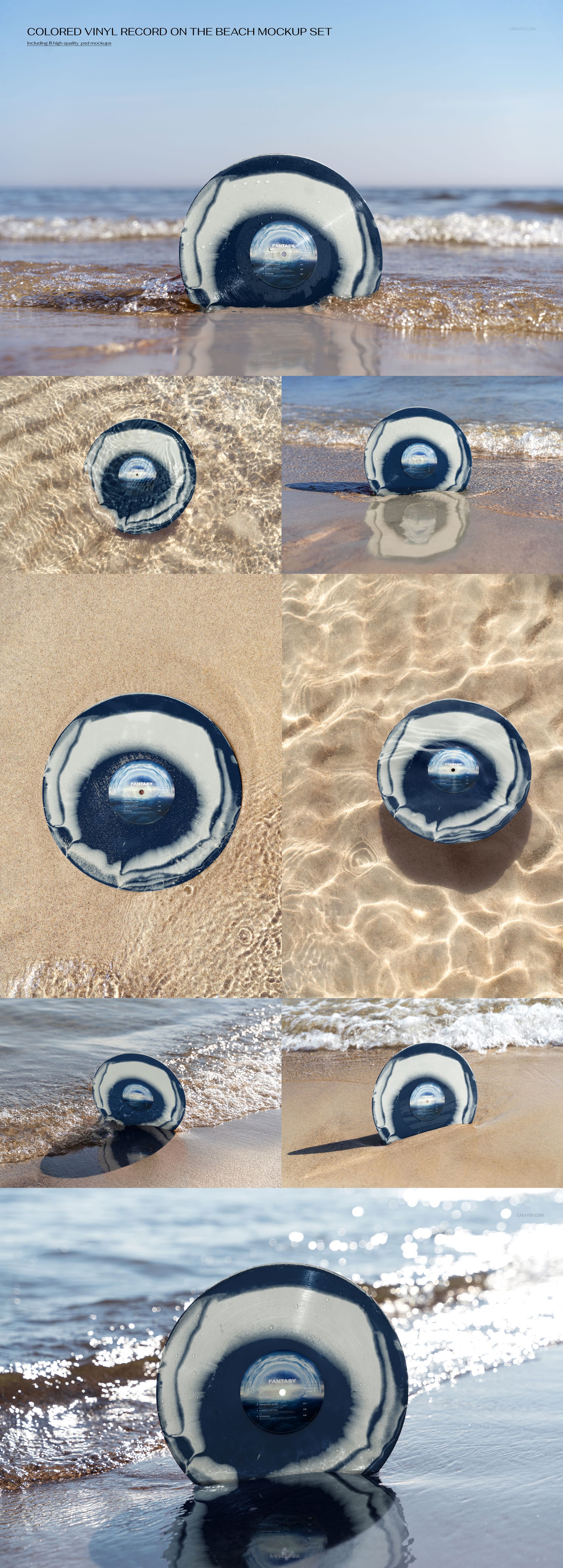 Swirled vinyl record mockup placed on a sunlit beach, partially submerged in shallow water and surrounded by ripples.