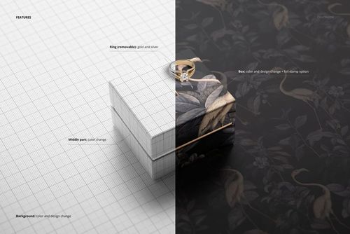 Square jewelry box mockup shown in split view, with left side displaying grid lines and right side featuring a dark floral pattern.