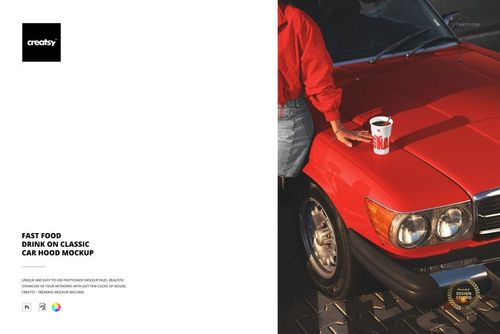 PSD mockup showing a fast food beverage cup on the hood of a red classic car, with hand and arm visible nearby.