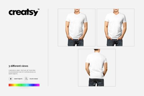 Men's white t-shirt mockup set showing front, angled front, and back views against a plain background.
