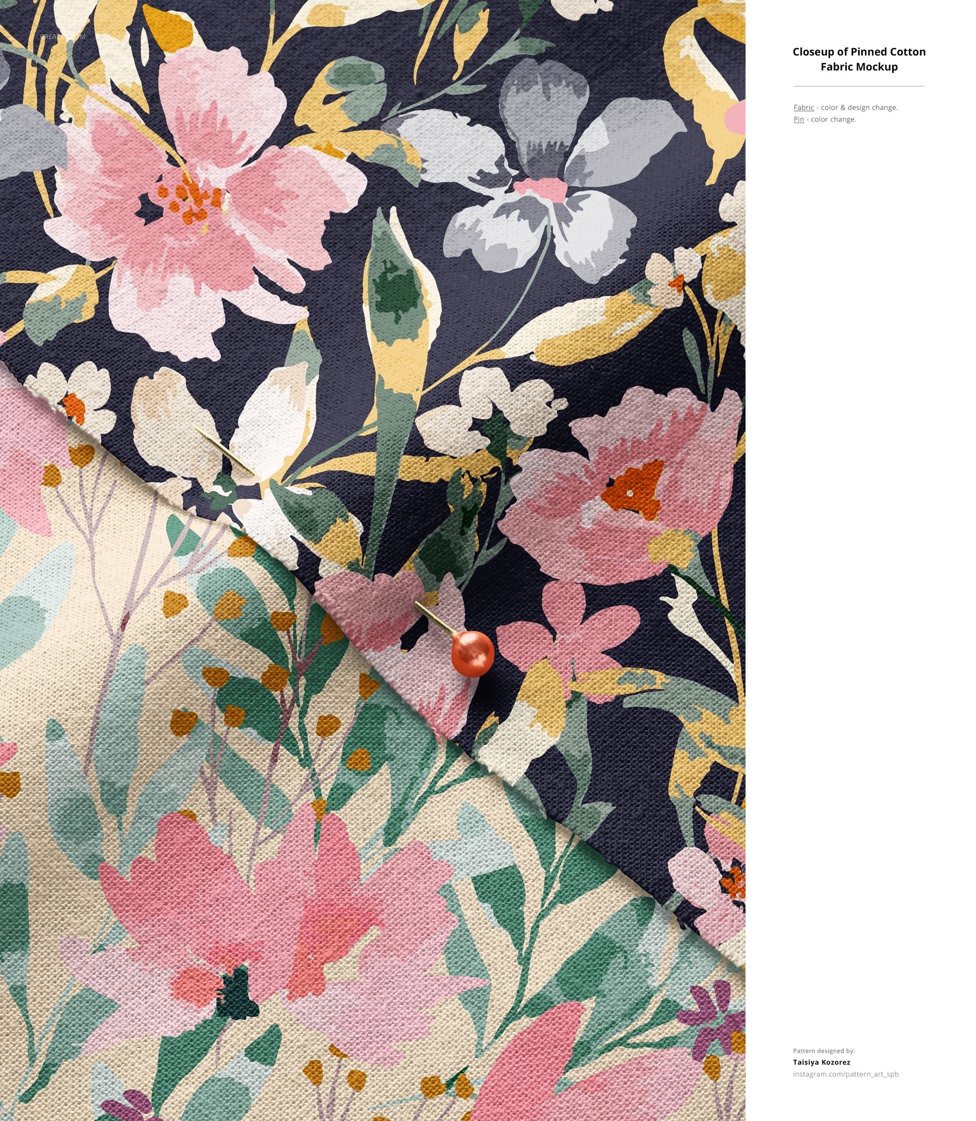 Detailed shot of floral cotton fabric mockup featuring pink, yellow, and gray flowers with a pin holding the layers together.