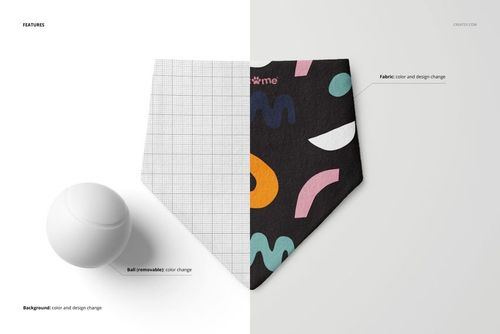 Flannel dog bandana and scrunchie mockup with split view showing grid pattern on left and colorful abstract design on right.