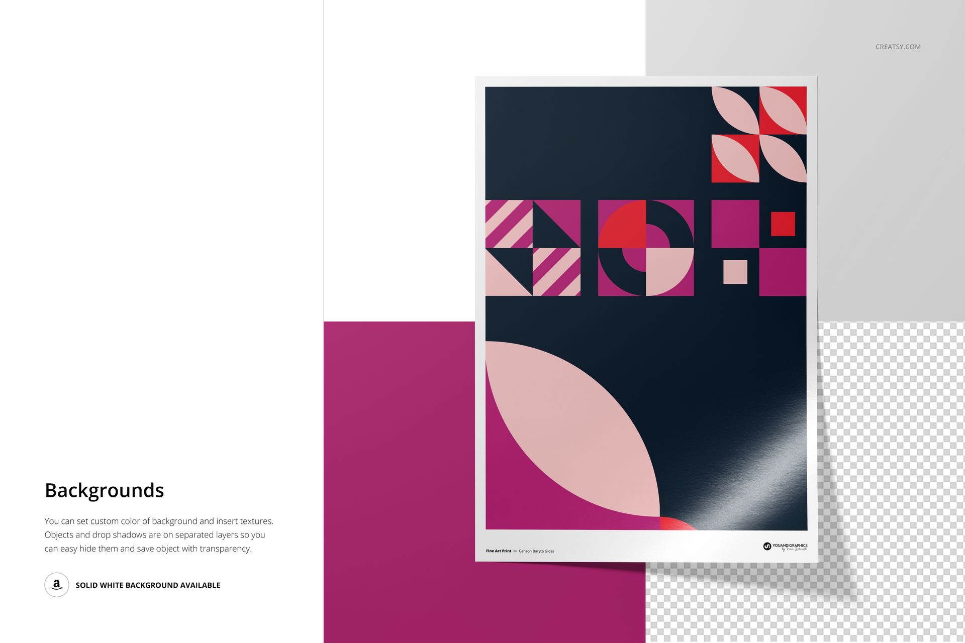 A fine art print mockup featuring geometric shapes in pink, red, and cream on a dark background, shown from above.