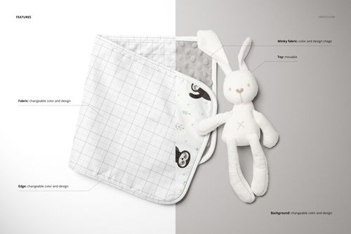Minky burp cloth mockup featuring a grid design and playful animal prints, shown next to a soft stuffed rabbit on a light background.