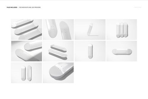 Set of clear epoxy resin coated skateboard deck mockups shown in various angles on a white background, including top and side views.