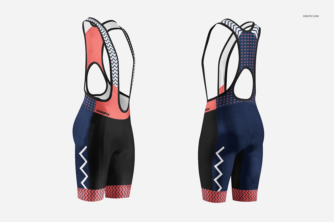 Bib shorts mockup showing two perspectives, featuring zigzag and dotted patterns in coral, blue, and white.