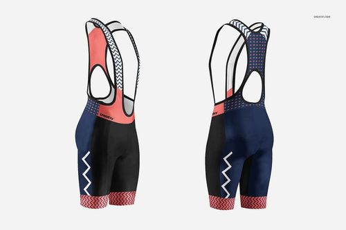 Bib shorts mockup showing two perspectives, featuring zigzag and dotted patterns in coral, blue, and white.