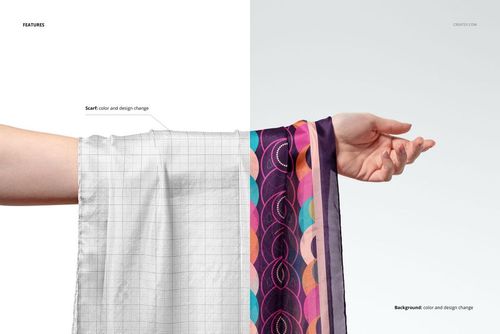 Front view of a habotai silk scarf mockup draped over an extended arm, showing a colorful geometric pattern on one side.