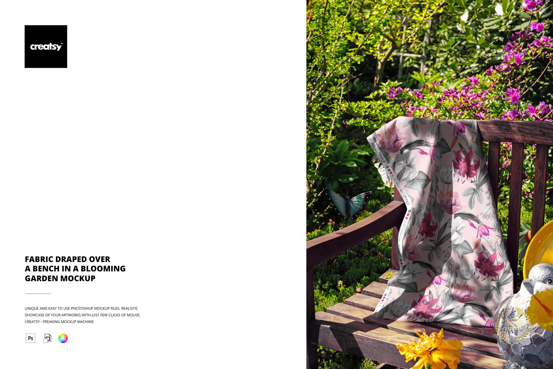 PSD mockup showing a piece of fabric with botanical print arranged on a garden bench amid lush greenery and blossoms.