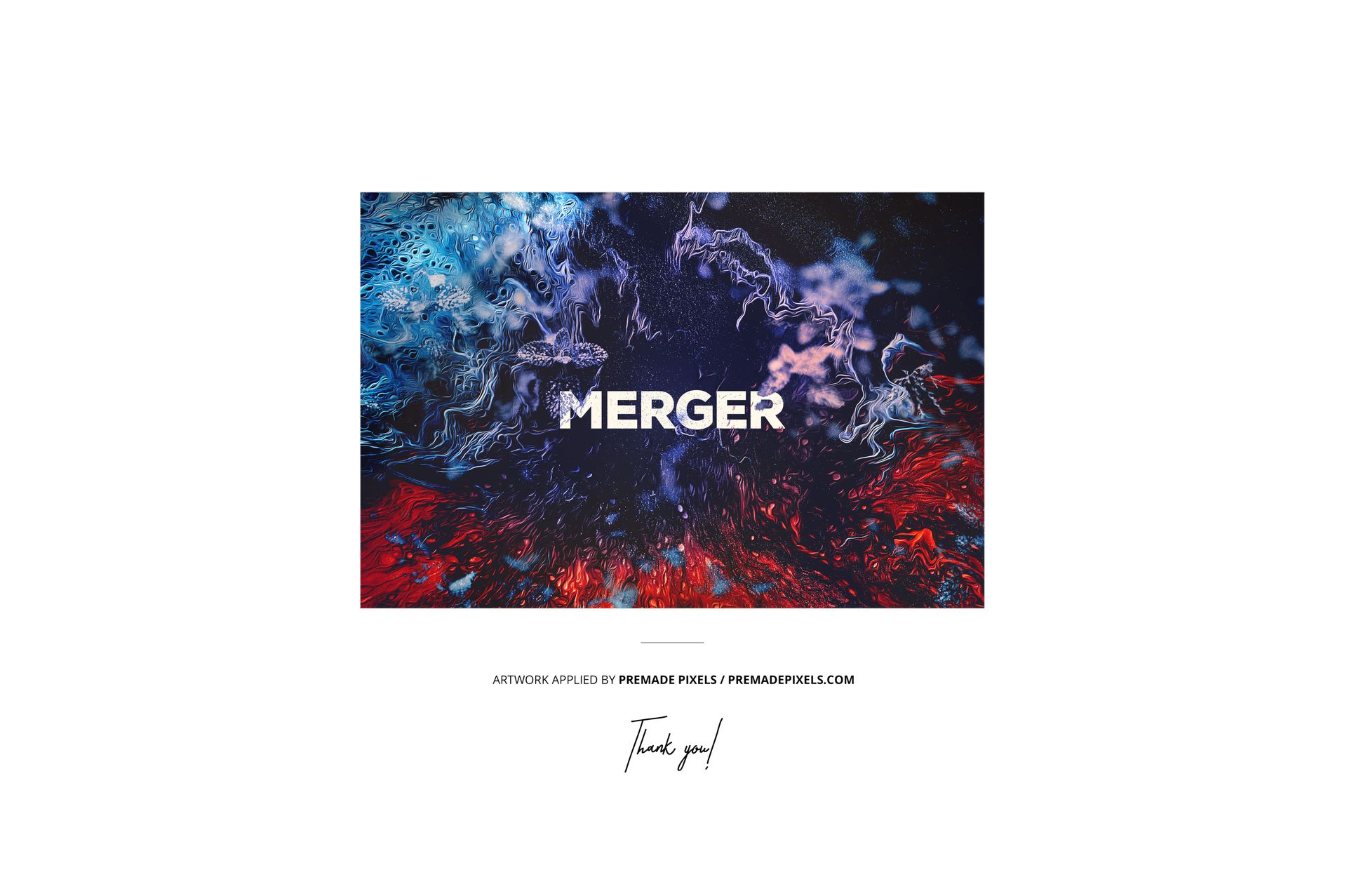 Vinyl record PSD mockup showing a cover with abstract marbled colors in blue, red, and purple, centered text reads 'MERGER'.