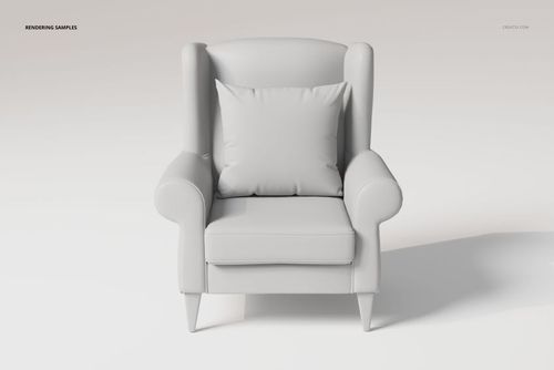 Front view of a wingback chair 3D model in light gray, featuring rounded arms and a matching cushion on a plain background.