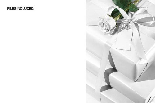 PSD mockup featuring neatly stacked white gift boxes with ribbon accents and a white rose on top, viewed from above.