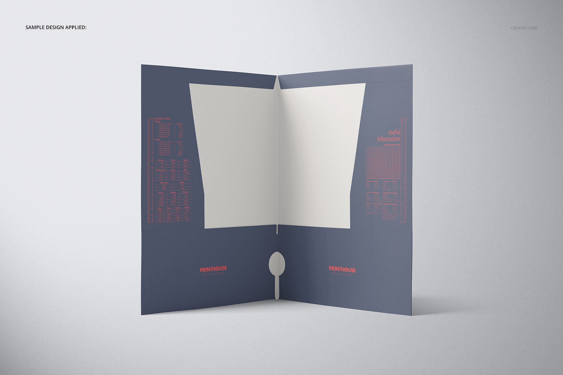 Open two-pocket folder mockup with dark blue exterior, white interior, and red printed elements on a light background.