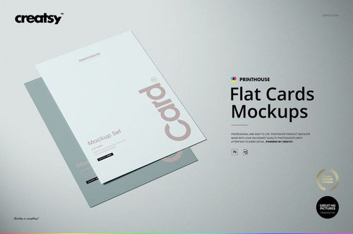 Flat cards mockup set showing two overlapping paper cards, one white and one blue, on a neutral surface.