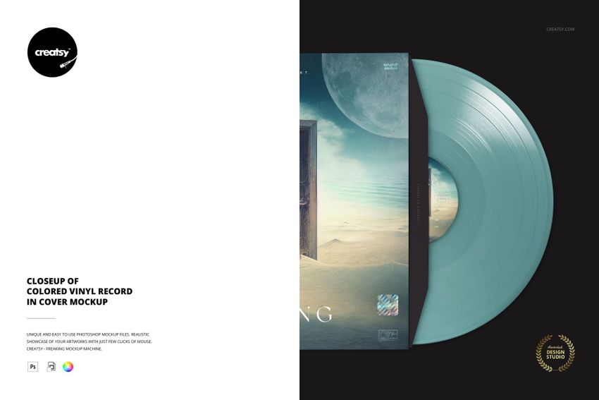 PSD mockup featuring a colored vinyl record in pale blue, displayed with a cover showing surreal desert and moon artwork.