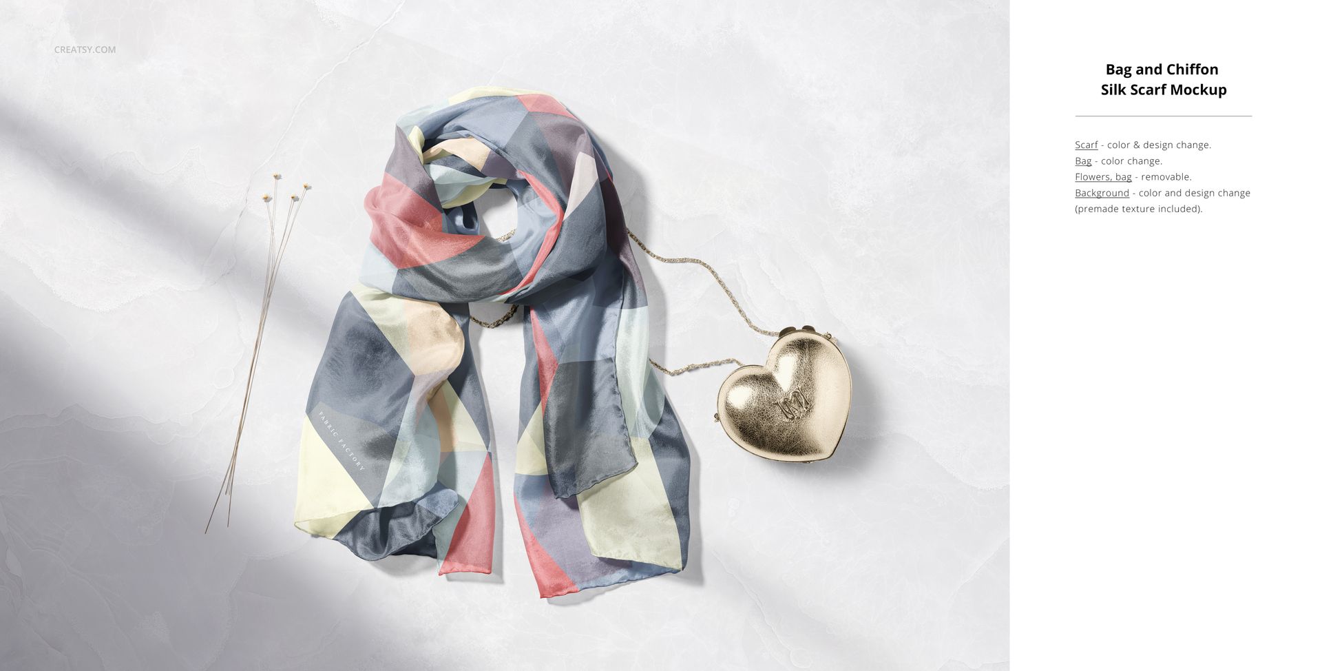 Colorful silk scarf mockup featuring soft blue, pink, and yellow tones, shown from a top view beside a heart-shaped accessory.