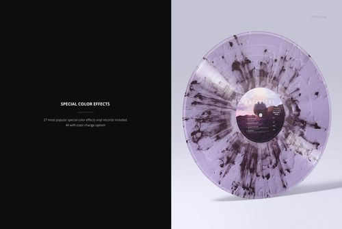 Standing translucent vinyl record mockup featuring a purple hue and black splatter effect on a clean surface.