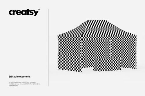 Pop up tent mockup with a checkered black and white pattern, shown from a front angle on a plain light background.