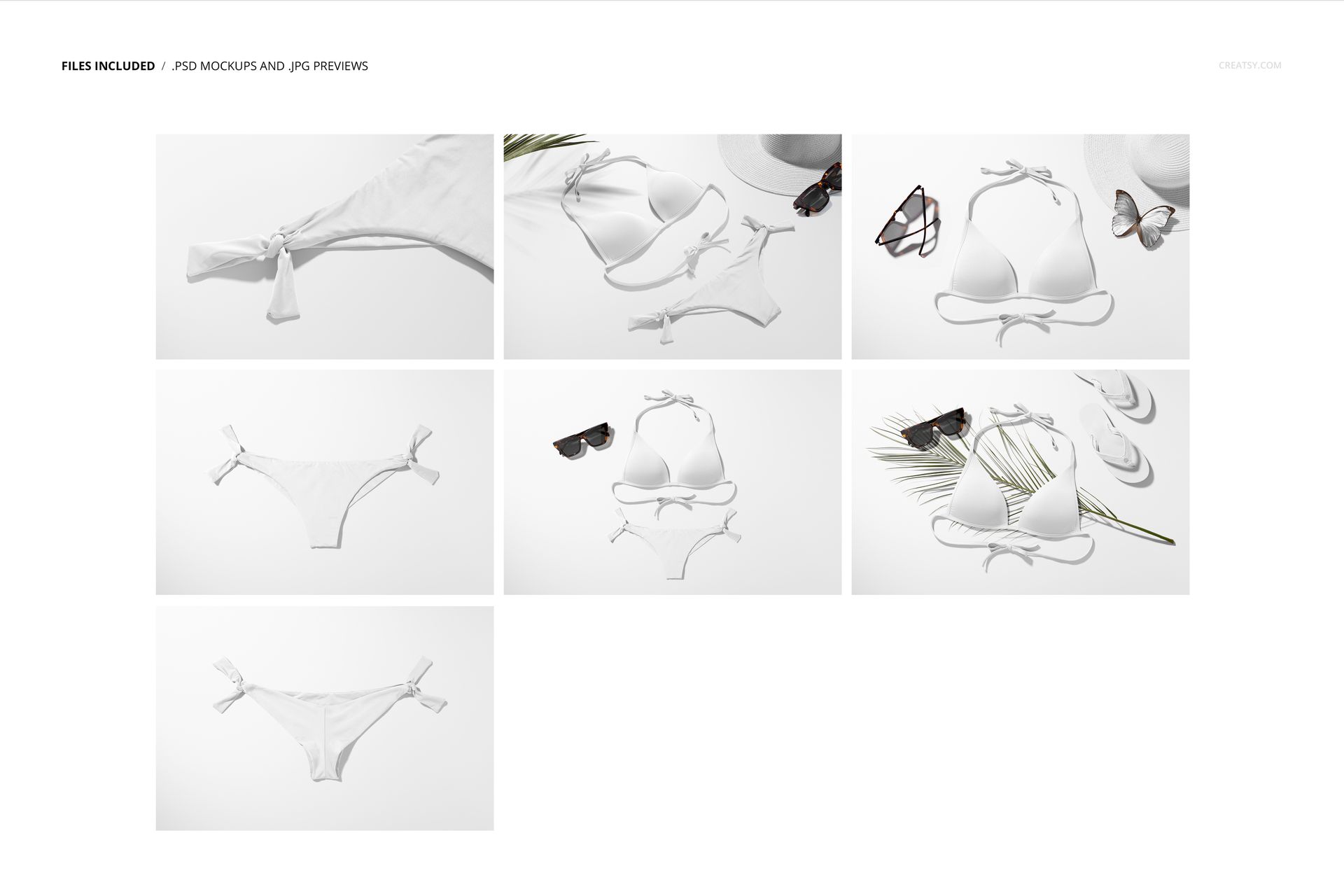 White bikini mockup set displayed from various angles on a flat surface with summer props like sunglasses and hats.