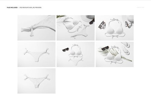 White bikini mockup set displayed from various angles on a flat surface with summer props like sunglasses and hats.