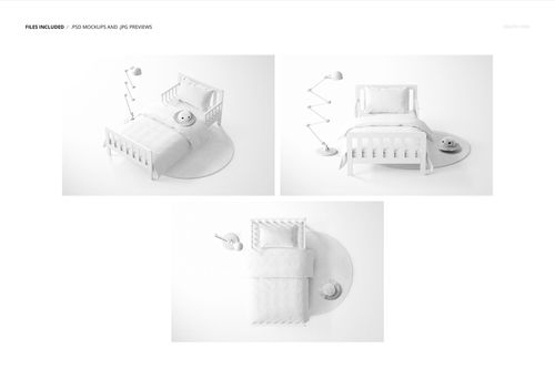 Toddler bedding mockup set featuring a crib and bed with white linens, shown from front and top views in a minimal room.