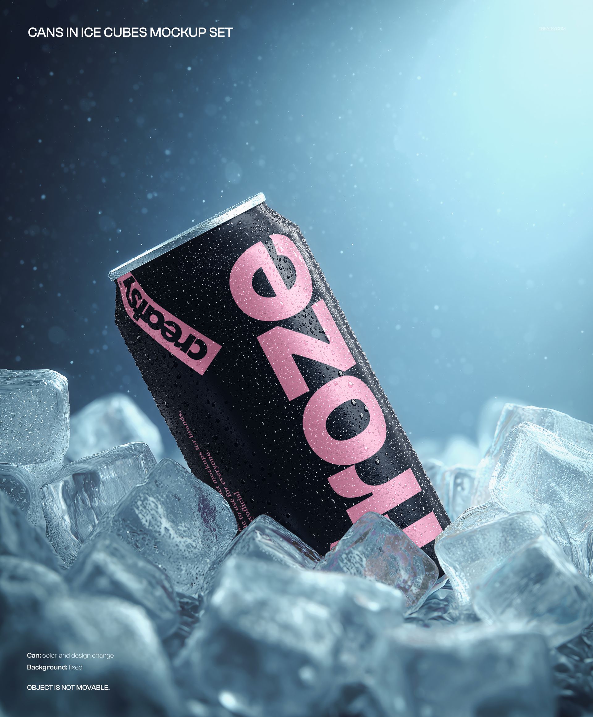 PSD mockup of a sleek black drink can with pink typography nestled in ice cubes, highlighted by blue lighting.