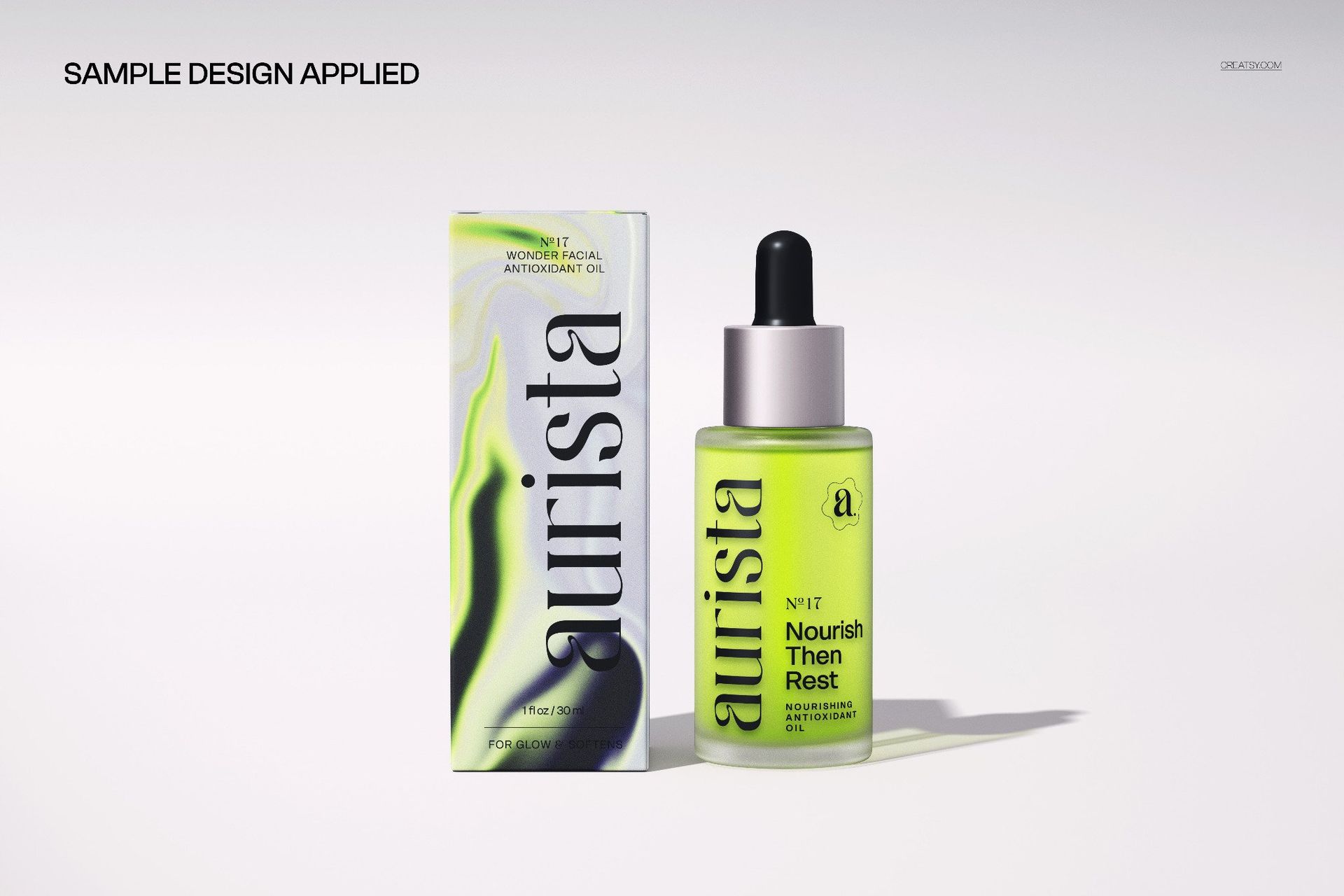 Cosmetic dropper bottle and box mockup featuring a green and black pattern, displayed side by side on a plain surface.
