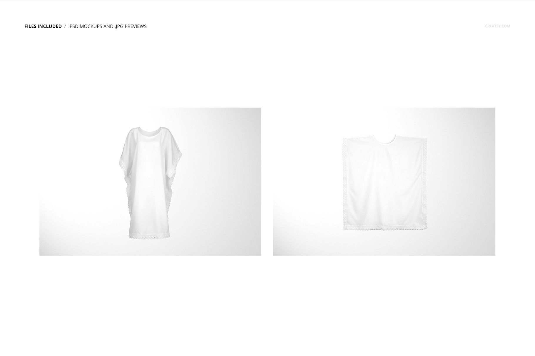 Two perspectives of a white adult kaftan mockup, with one showing the front and the other a flat top view.