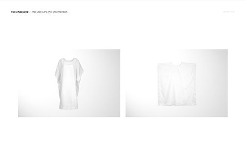 Two perspectives of a white adult kaftan mockup, with one showing the front and the other a flat top view.