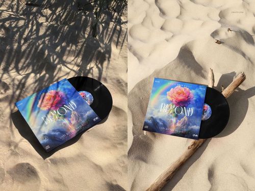 Vinyl record mockup set featuring a colorful sleeve and black record on natural sand, with coastal grass and wood props.