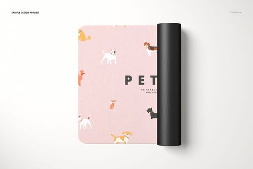 Rectangular pet size door mat mockup with pink background, playful dog illustrations, and rolled black edge.