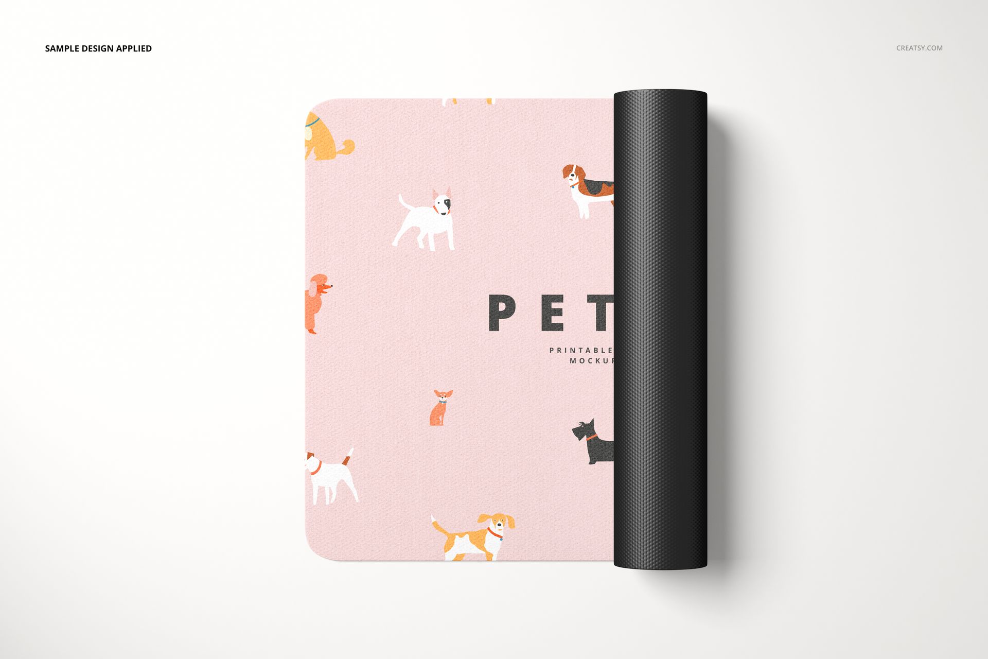 Rectangular pet size door mat mockup with pink background, playful dog illustrations, and rolled black edge.